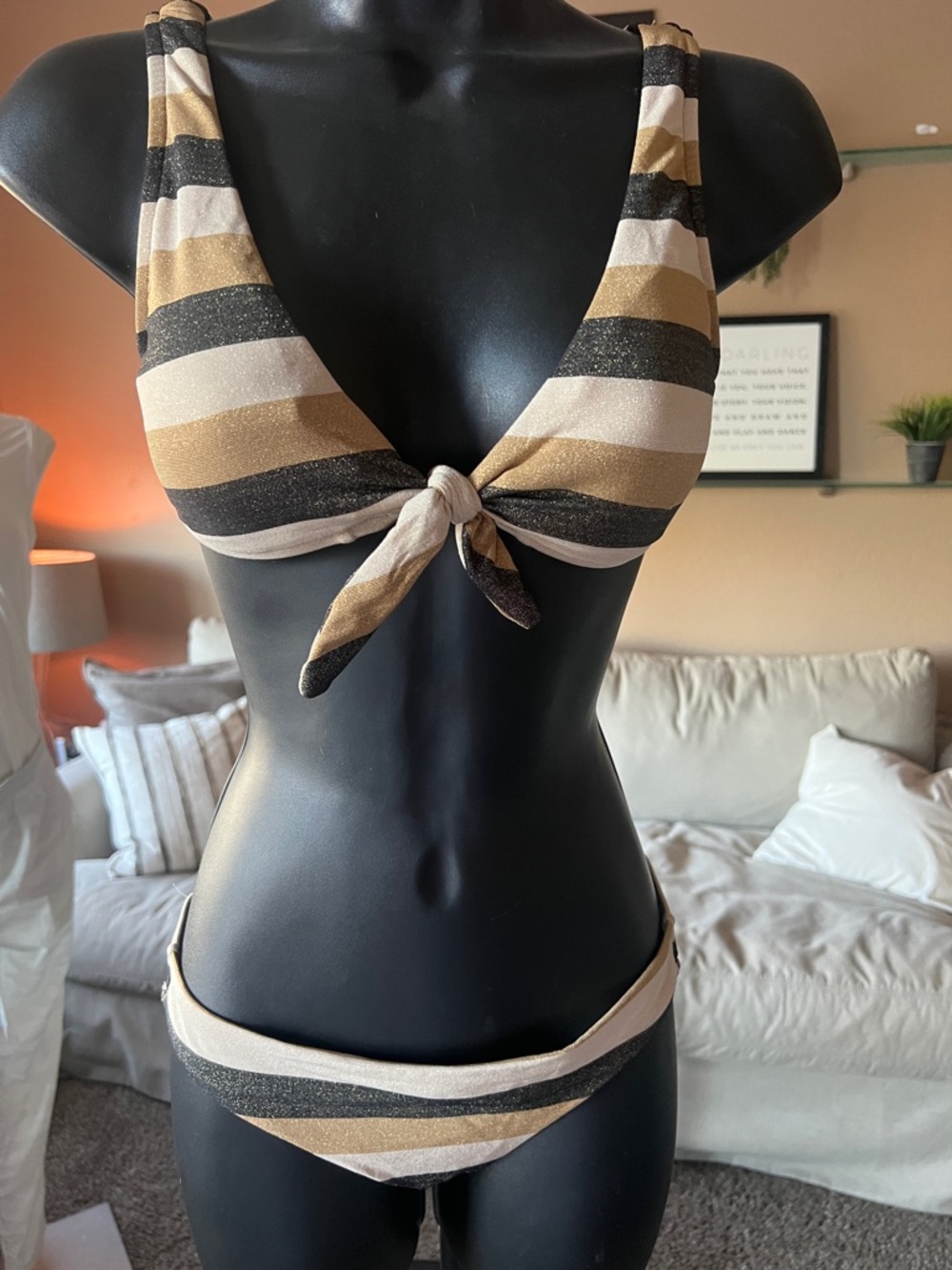 Seafolly Metallic Stripe Knot Front Bikini - Gold, Black, Cream